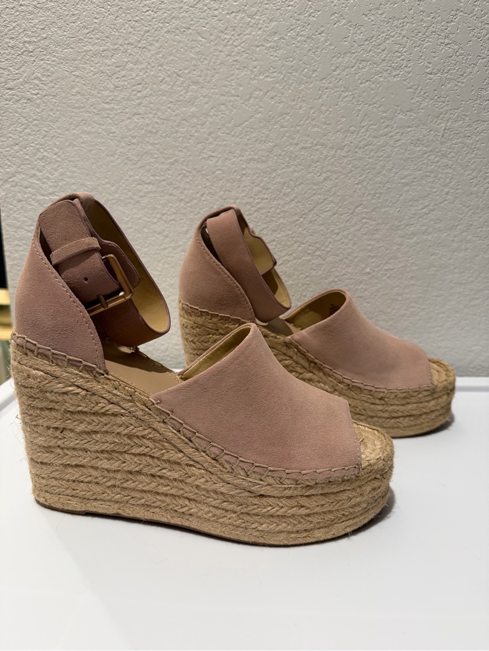NWOT Marc Fisher Pink Suede Espadrille Wedge Adalyn Sandals with Ankle Strap